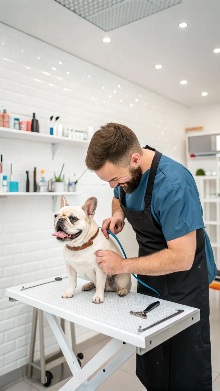 Um tosador sorridente com barba, vestindo um avental preto e camiseta azul, escovando um Bulldog Francês branco em cima de uma mesa de tosa profissional. O ambiente é um pet shop moderno e iluminado, com paredes de azulejos brancos e prateleiras ao fundo