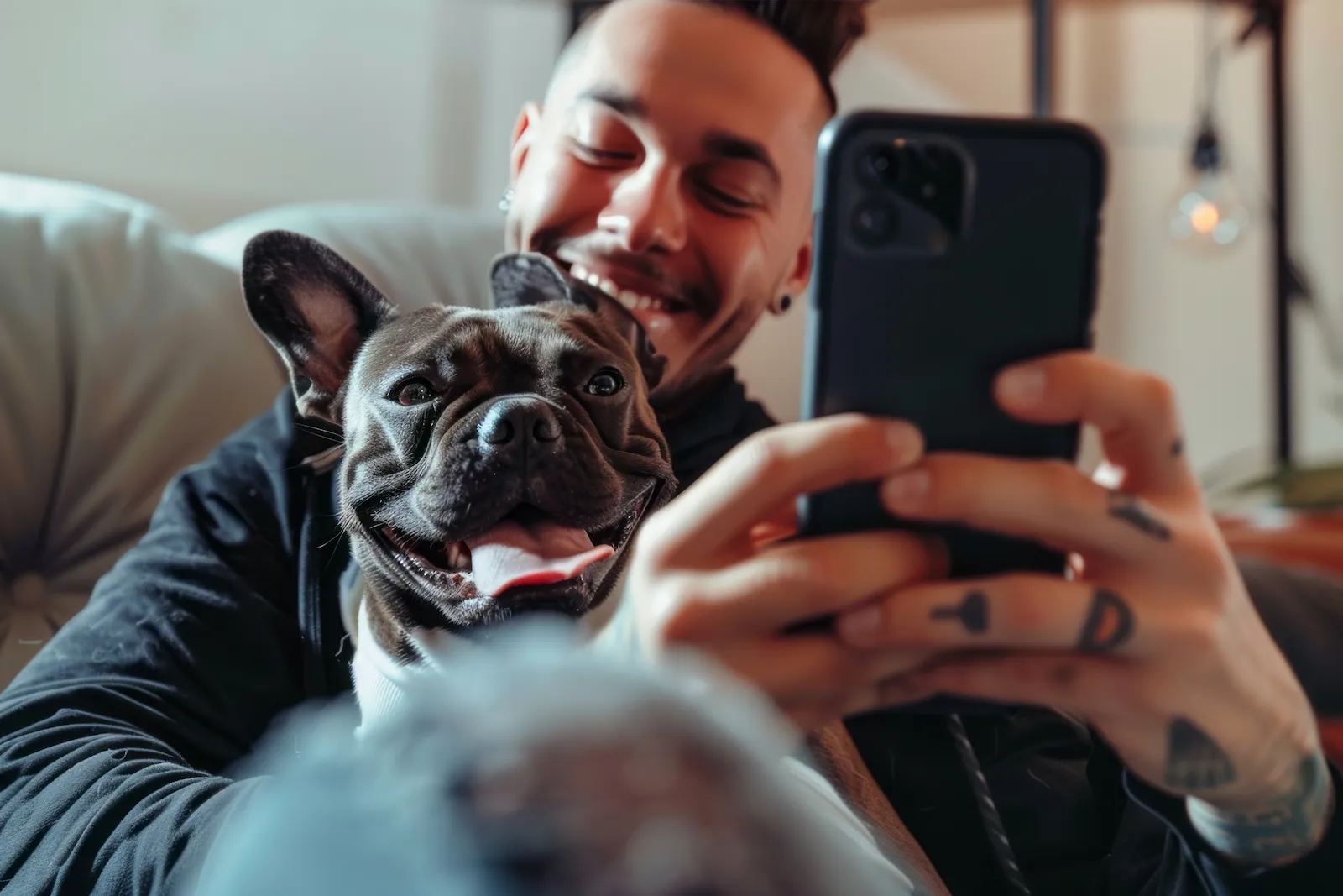 Um homem sorrindo enquanto usa o celular no sofá ao lado de seu Bulldog Francês