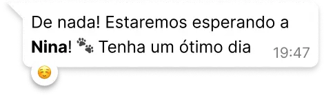 Captura de tela de uma bolha de mensagem do WhatsApp com fundo branco e texto em preto. A mensagem diz: 'De nada! Estaremos esperando a Nina! 🐾 Tenha um ótimo dia'. O nome 'Nina' está em negrito e há um emoji de patinhas ao lado. No canto inferior esquerdo, há uma pequena reação de emoji sorridente.